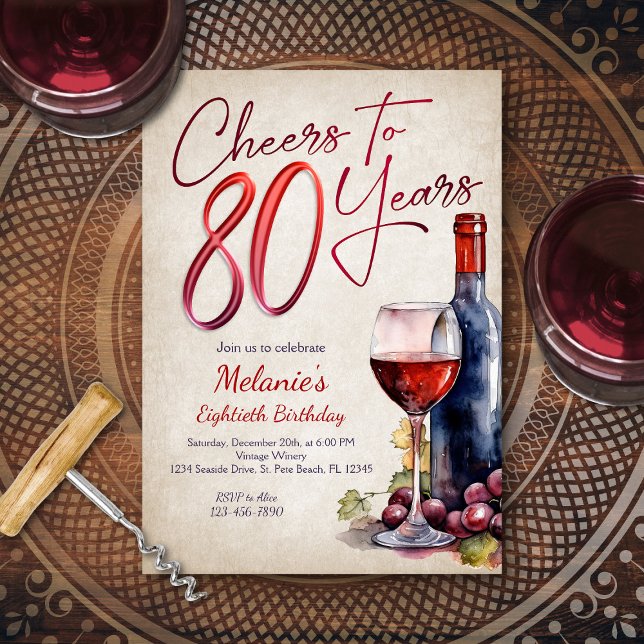 Cheers Wine 80th Birthday Invitation (Creator Uploaded)