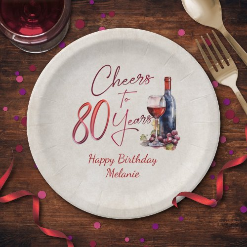Cheers Wine 80th Birthday Paper Plates
