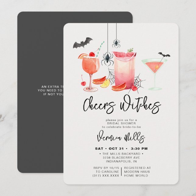 Cheers Witches Gray Halloween Bridal Shower Invitation (Front/Back)