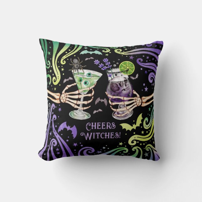 Cheers Witches Halloween Cocktail Glasses  Throw Pillow (Front)