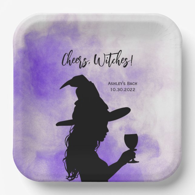 Cheers Witches, Halloween Witch Holding Wine Glass Paper Plates (Front)