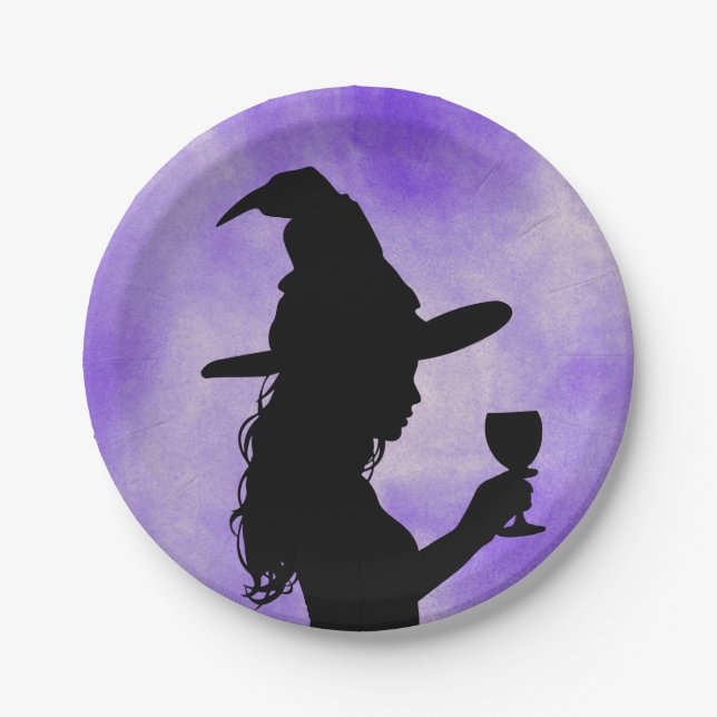 Cheers Witches, Halloween Witch Holding Wine Glass Paper Plates (Front)