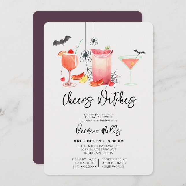 Cheers Witches Purple Halloween Bridal Shower Invitation (Front/Back)