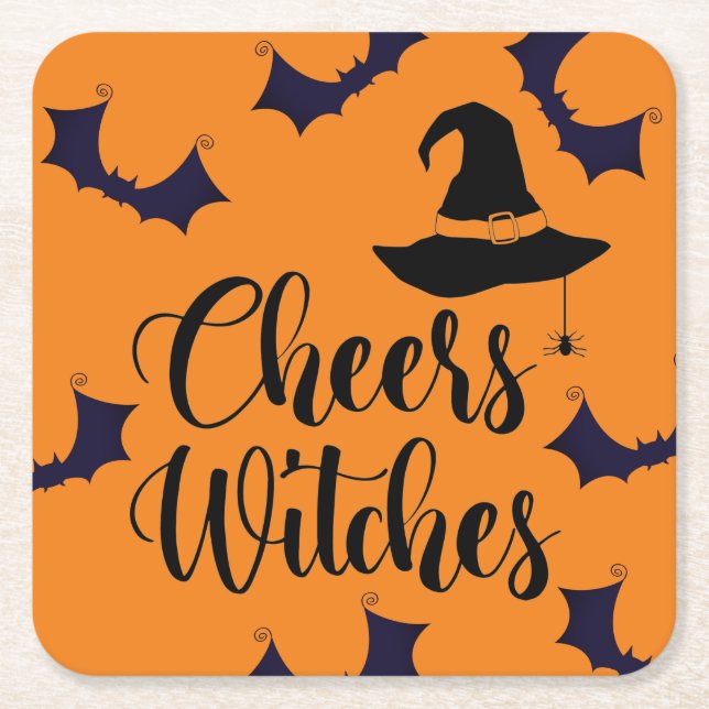 Cheers Witches Typography Bat Halloween Party Squa Square Paper Coaster (Front)