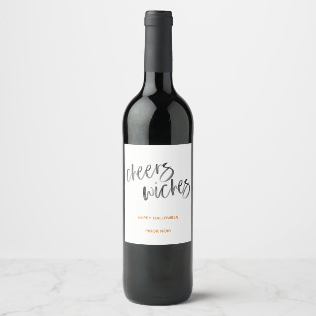 Cheers Witches Watercolor Script Wine Label (Front)