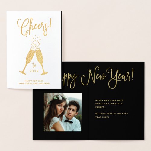 Cheers with Champagne Glasses and Photo  Gold Foil Card