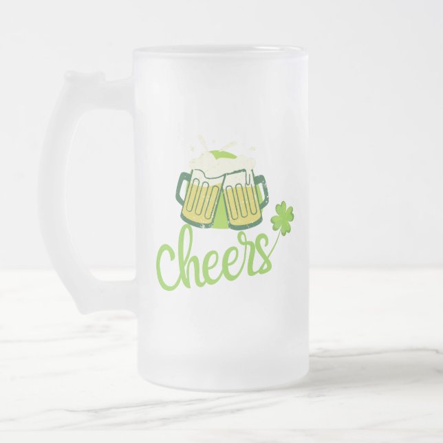 Cheers with Shamrock - St. Patrick Day Frosted Glass Beer Mug (Left)