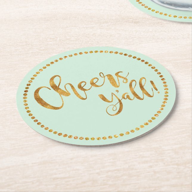 Cheers Y'all | Mint Green | Beer & Cocktail Party Round Paper Coaster (Angled)