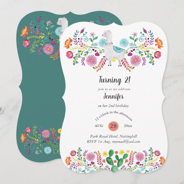 Cheery 2nd Birthday Girl FIESTA LLAMA Folk Flowers Invitation (Front/Back)
