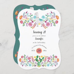 Cheery 2nd Birthday Girl FIESTA LLAMA Folk Flowers Invitation