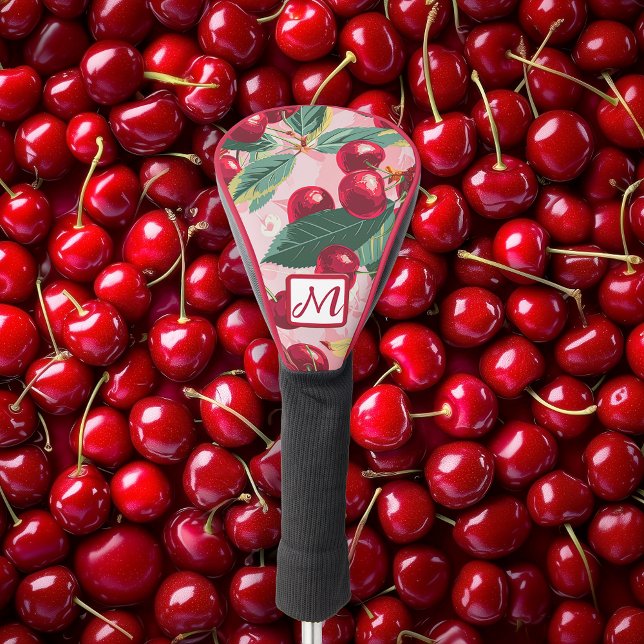 Cheery Cherry Retro Pink Monogrammed  Golf Head Cover (Retro Cherry Pop Monogrammed Golf Head Cover )