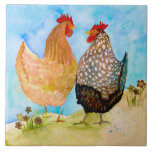 Cheery Chickens Ceramic Kitchen Tile<br><div class="desc">Let these cheery chickens brighten up your kitchen decor. Just what are these friends talking about? Taken from my original watercolor. A perfect little gift for others ...  or yourself!!</div>