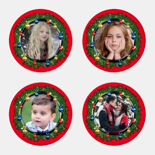 Cheery Christmas Wreath Four Family Picture Coaster Set