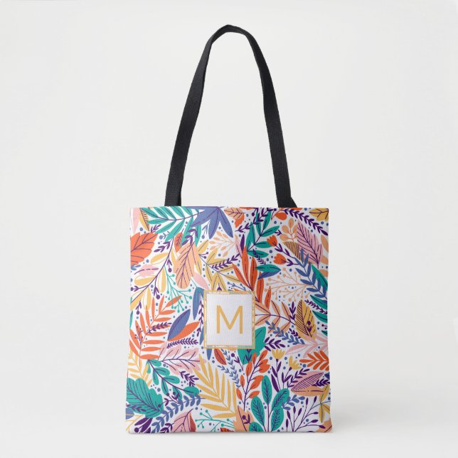 Cheery Colorful Modern Leaves Monogram Tote 🌿✨ (Front)