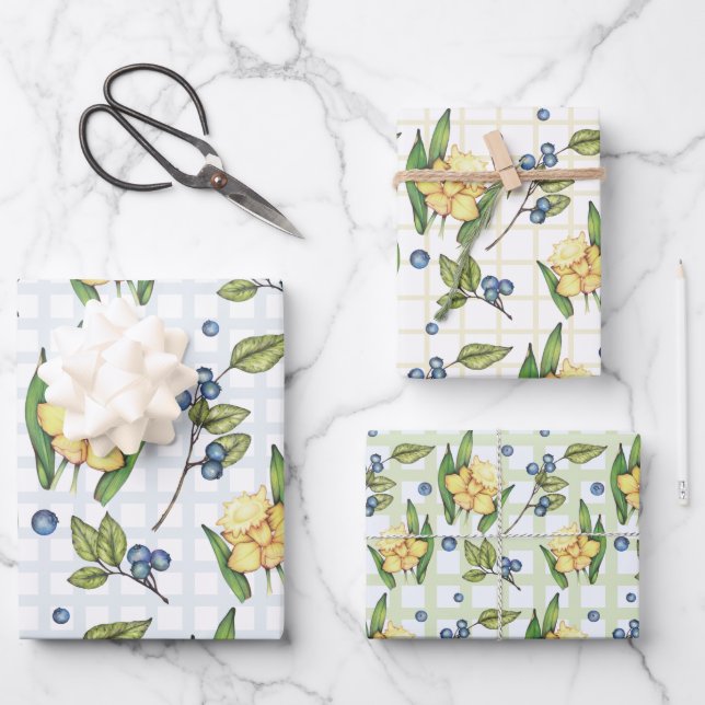 Cheery Daffodil Flower and Blueberries  Wrapping Paper Sheets (Front)