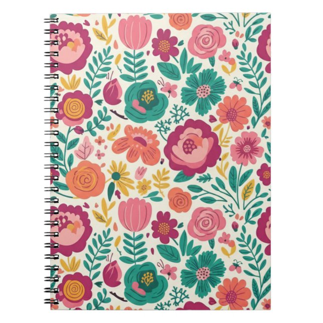 Cheery Folk Art Garden - Vibrant Pink & Teal Notebook (Front)