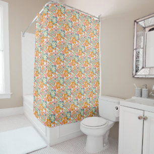 Cheery Orange Green Pink Retro Flower Pattern Shower Curtain