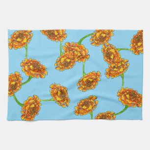Cheery Orange Marigolds on Sky Blue Botanical Kitchen Towel