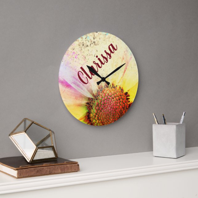 Cheery Pastel Sunflower Personalized Large Clock (Office)