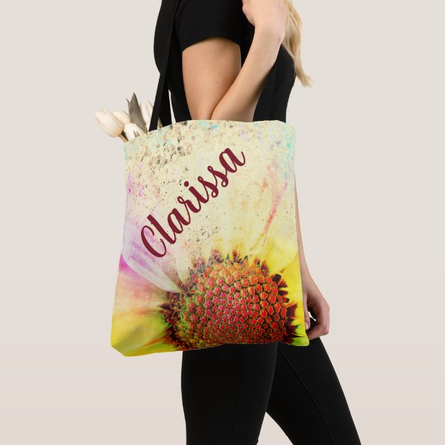 Cheery Pastel Sunflower Personalized Tote Bag (Close Up)