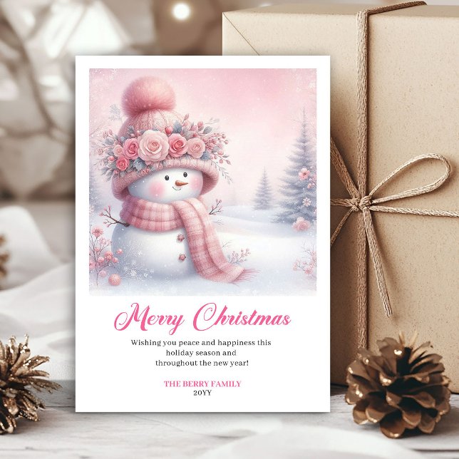 Cheery pink snowman kids greeting card printable (Cheery pink snowman kids greeting card printable)