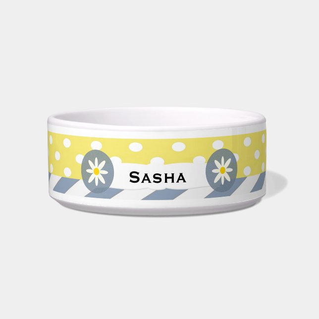 Cheery Polka Dot Floral Personalized Dog Bowl (Front)