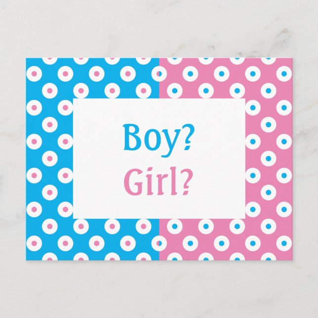 Cheery Polka-Dotted Gender Reveal Invite Postcard (Front)