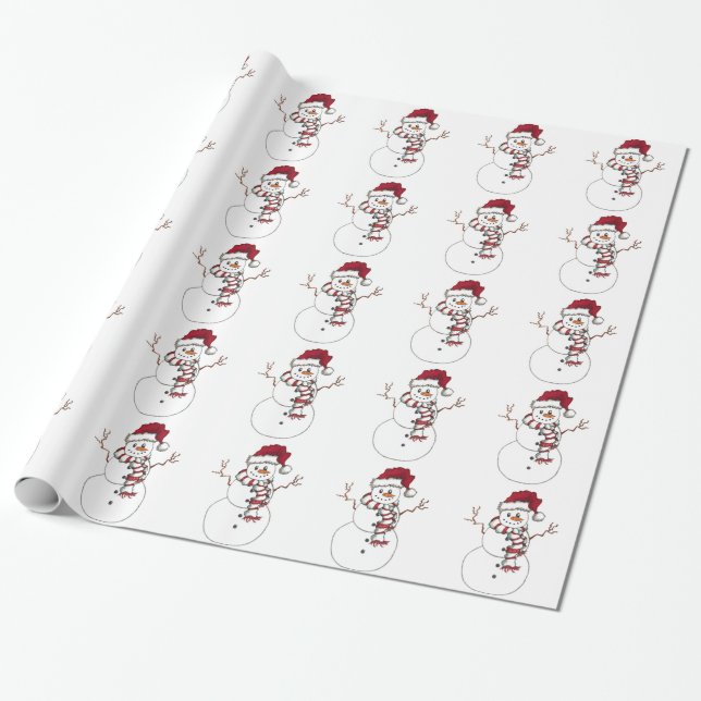 Cheery Red and White Snowman Wrapping Paper (Unrolled)
