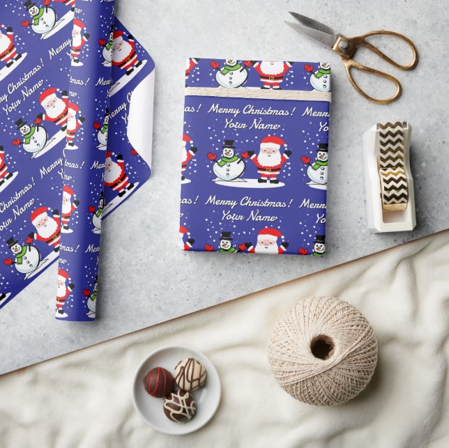 Cheery Santa Claus cartoon with snowman Christmas Wrapping Paper (Crafts)