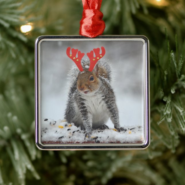 Cheery Squirrel With Antlers Square Ornament (Tree)