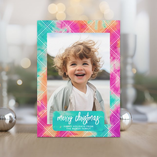 Cheery Tie Dye Family Merry Christmas  - Photo Holiday Card (Retro Tie Dye Pattern Christmas Card. Add a little color to your holiday with this online photo card)