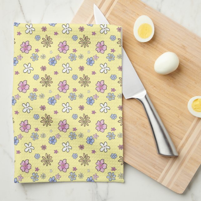 Cheery Whimsical Floral Yellow Spring Kitchen Towel (Quarter Fold)