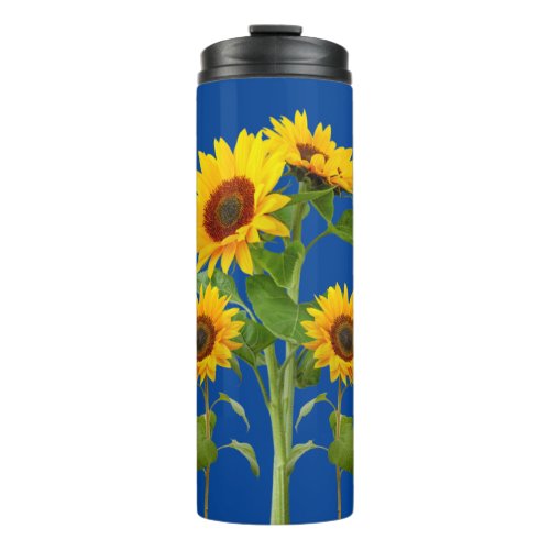 Cheery Yellow Sunflowers on Blue Background Thermal Tumbler