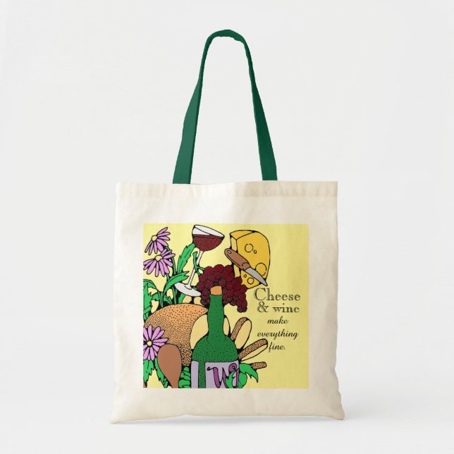 Cheese and Wine Lovers Quote Tote Bag (Front)