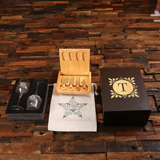 Cheese Board Gift Set with His & Hers Wine Glasses (Front)