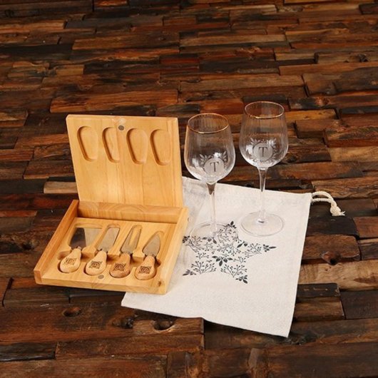 Cheese Board Gift Set with His & Hers Wine Glasses (Front)