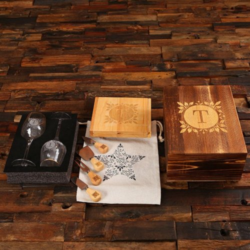 Cheese Board Gift Set with His  Hers Wine Glasses