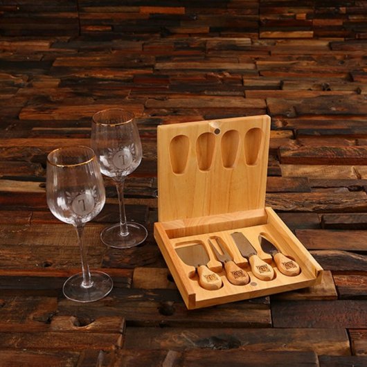 Cheese Board Gift Set with His & Hers Wine Glasses (Front)