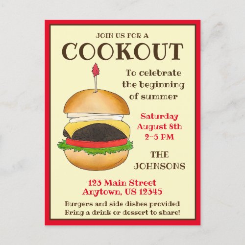 Cheese Burger Cheeseburger BBQ Barbecue Cookout  Invitation Postcard