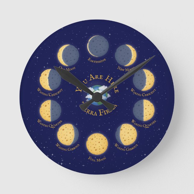 Cheese Moon Whimsical Lunar Phases Chart Astronomy Round Clock (Front)