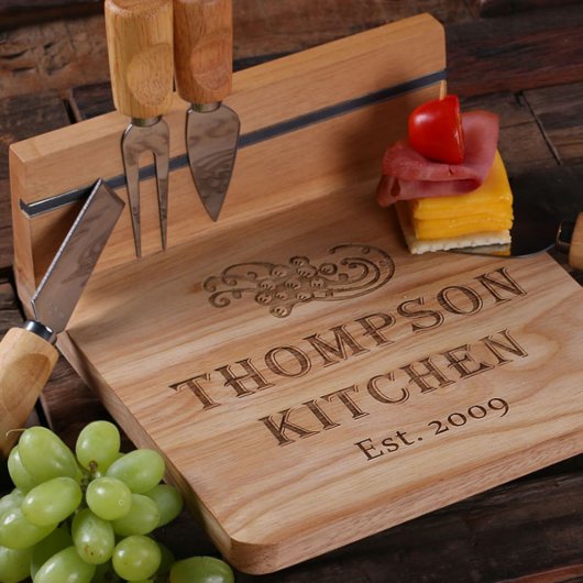 Cheese Set: Knives & Etched Bamboo Cutting Board (Top)