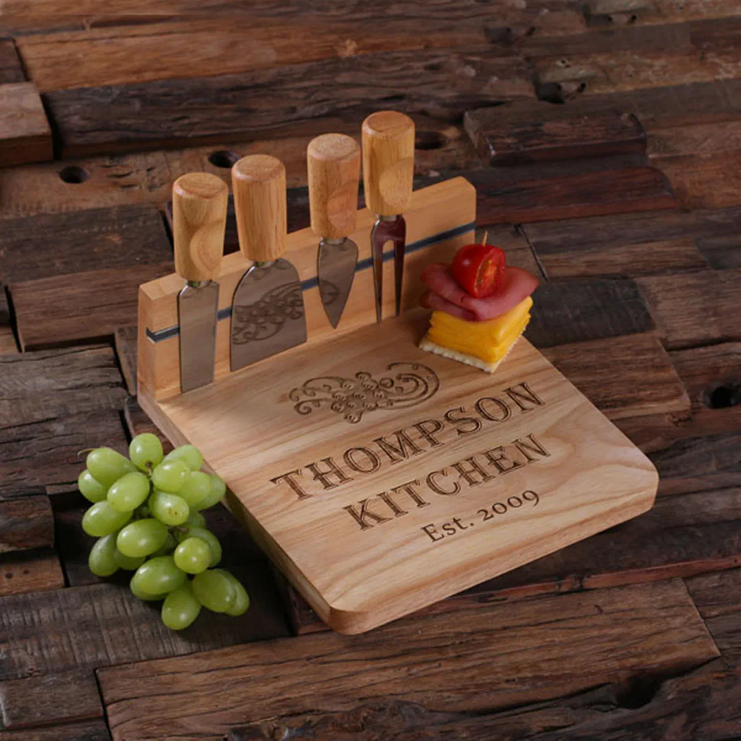 Cheese Set: Knives & Etched Bamboo Cutting Board (Top)