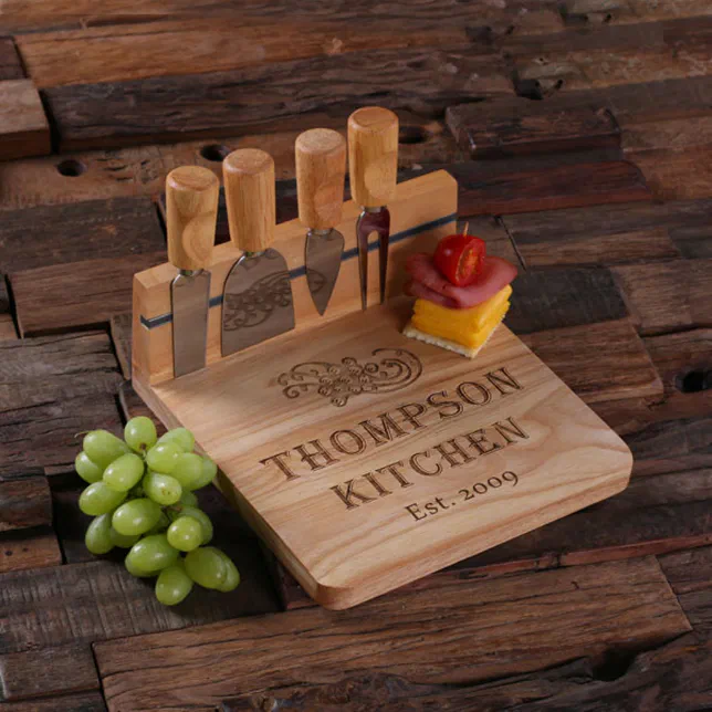 Bamboo Cutting Board with Cheese Knife Set - Laser-Engraved Personalization  Available