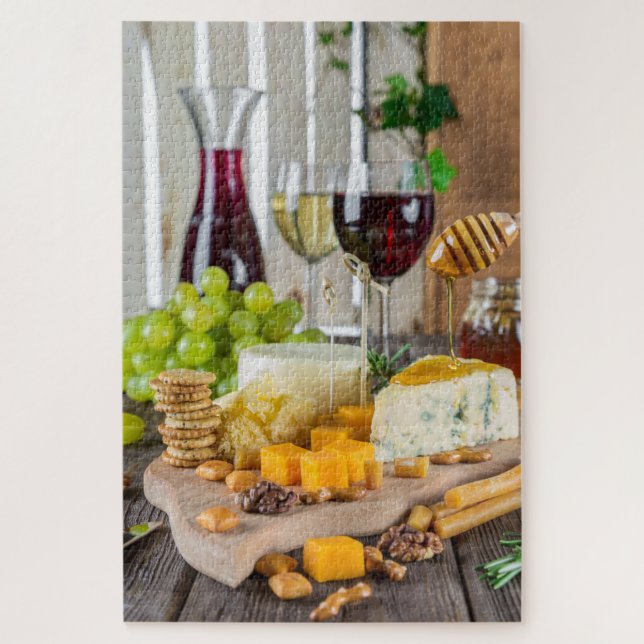 Cheese Wine Honey Walnuts Grapes Crackers Food Jigsaw Puzzle (Vertical)