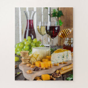 Cheese Wine Honey Walnuts Grapes Crackers Food Jigsaw Puzzle