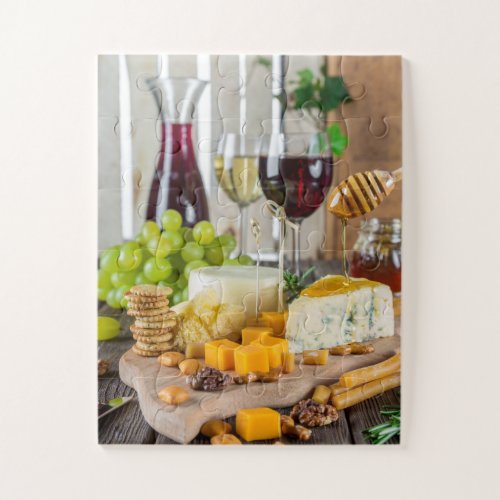 Cheese Wine Honey Walnuts Grapes Crackers Food Jigsaw Puzzle