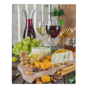 Cheese Wine Honey Walnuts Grapes Crackers Food Jigsaw Puzzle