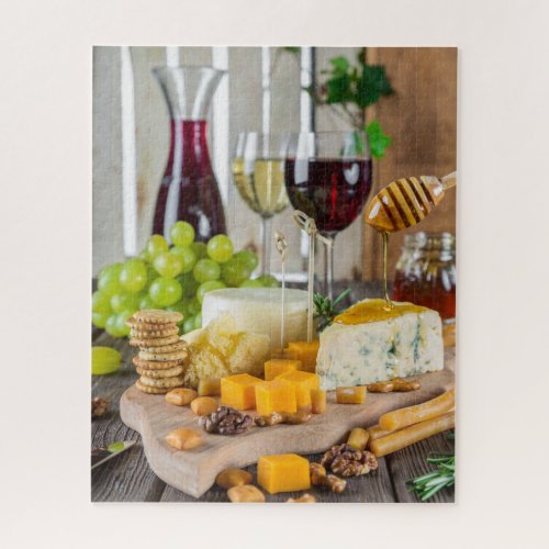 Cheese Wine Honey Walnuts Grapes Crackers Food Jigsaw Puzzle