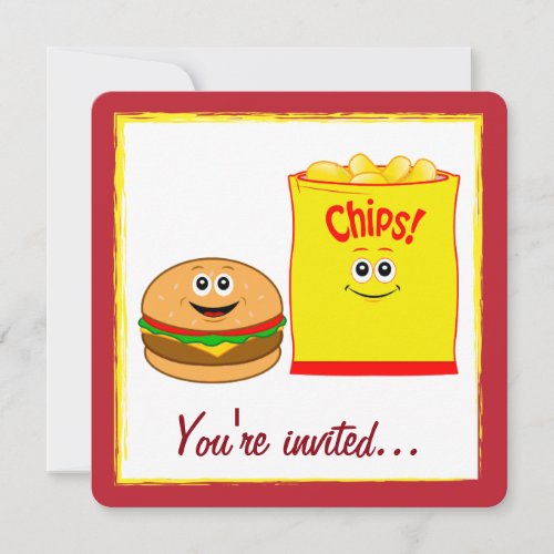 Cheeseburger and Potato Chips Birthday Party Invitation