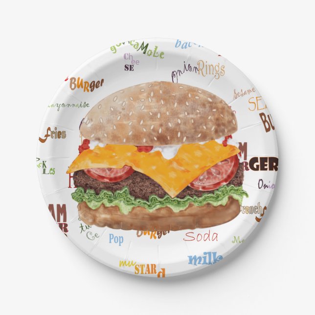 Cheeseburger BBQ Grill Fast Food Paper Plates (Front)